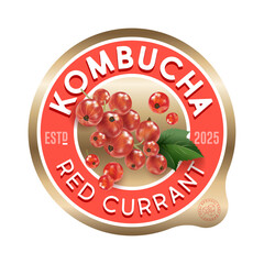Kombucha label. Red Currant flavor. Circle label for refresh drink with letters and berries inside.
