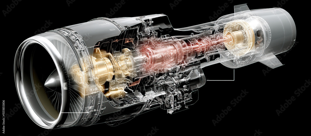Poster rotating virtual display of turbine engine with detailed transparent parts showing internal mechanic