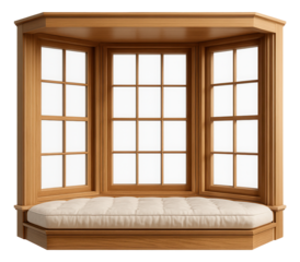 Bay windows with grid designs, creating a charming sitting area in a country cottage.