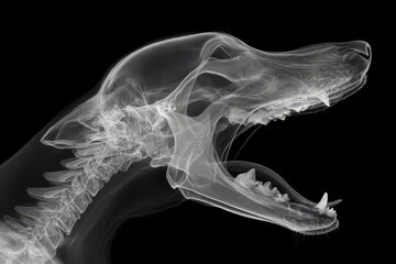 Naklejka premium Digital x-ray image of dog skull head and neck with open mouth. Imaging skull, teeth, and trachea. Lateral view. MZ 