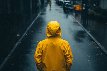 Generative AI image of solitary person walking alone in rain urban city park street