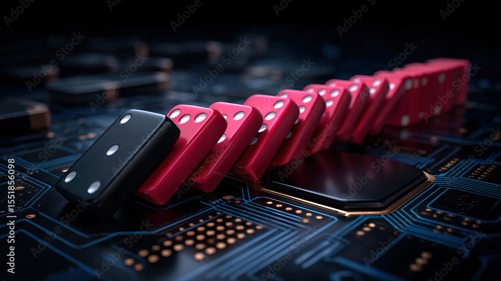 Poster digital domino effect with black and red domino pieces on futuristic circuit board, symbolizing tech