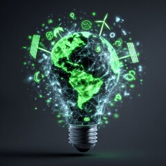 A stunning visual representation showcases a bright green light bulb encircled by a range of environmentally conscious symbols, including leaves, solar panels, and wind turbines, to emphasize the
