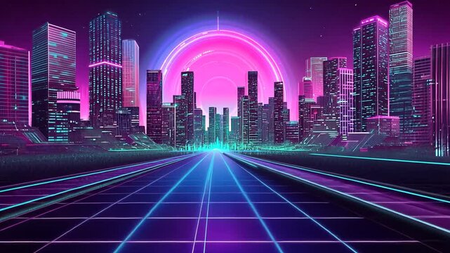Neon city skyline with glowing circles and grid, perspective view into distance