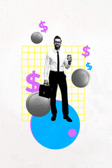 Composite sketch design artwork photo collage of businessman stand hand hold cup coffee dollars...