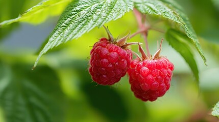 Close-up of two fresh raspberries on vine with green leaves in background.