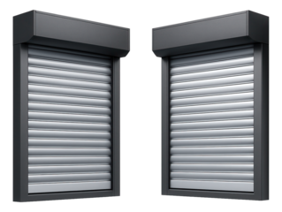 Security roller shutter windows for a commercial building, designed with reinforced slats to deter break-ins.