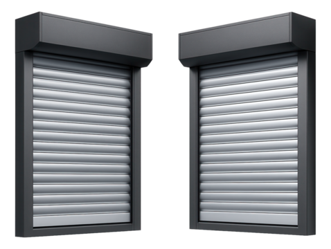 Security roller shutter windows for a commercial building, designed with reinforced slats to deter break-ins.