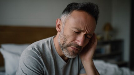 Middle aged man sits on bed, covering his ear with one hand, expressing discomfort or pain. His facial expression conveys distress, suggesting he may be experiencing headache or earache