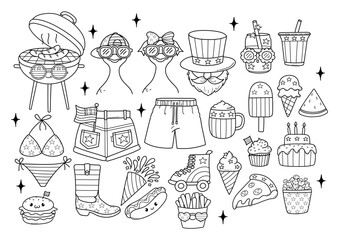 4th of July or Independence Day Doodle Cartoon Style Hand Drawn Elements Outline Coloring Page Vector