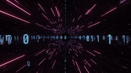 vivid tunnel of magenta light beams and binary digits symbolizes rapid digital communication and futuristic data flow - Powered by Adobe