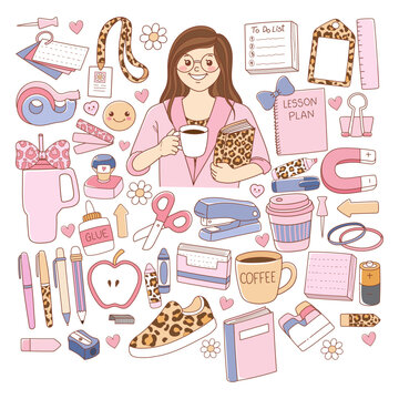 Girly Teacher, Back to school Elements Doodle Cartoon Style Hand Drawn Vector