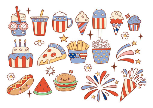 Retro 4th of July or Independence Day Doodle Cartoon Style Hand Drawn Elements Vector 003