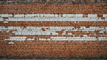 A close-up view of a weathered brick wall with white horizontal bands.