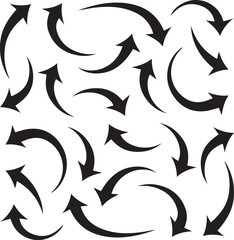 A dynamic and intricate black and white vector illustration featuring a multitude of curved and angular arrows pointing in various directions. The arrows are densely packed, creating a visually engagi