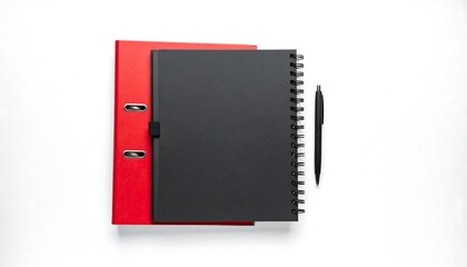 Office stationery with red binder, notebook, and pen.