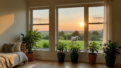 Fototapeta premium Interior room with a bed, plants, and a beautiful sunset view of a field.