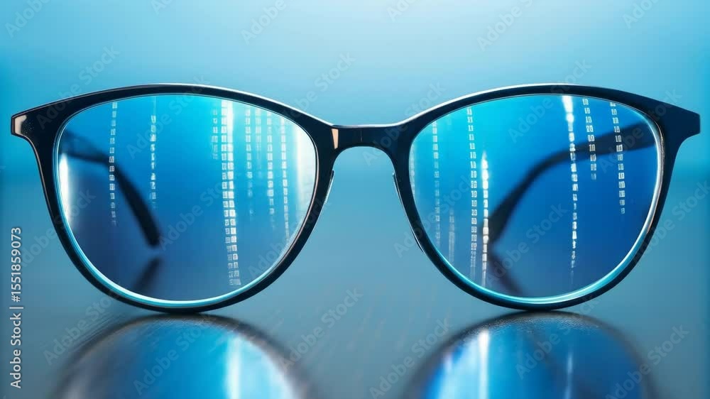Poster digital code reflected in eyeglasses - a pair of black eyeglasses rests on a dark surface, with a re
