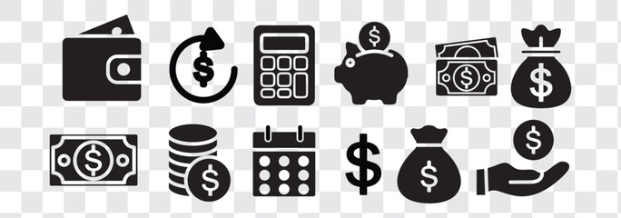 Finance icon set: coins, piggy bank, growth chart, calculator, wallet, money bag, dollar symbol, investment