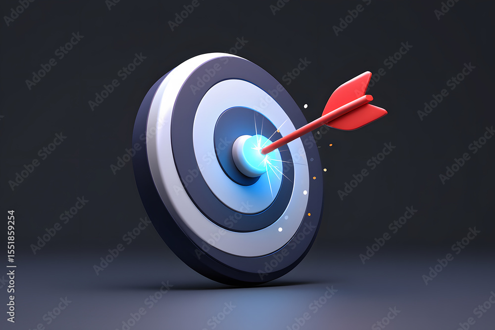 Poster achieving goals a 3d render of a dart hitting the bullseye on a target with a dark background illust