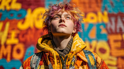 Gen Z nonbinary model poses in vibrant alley, bold fashion framed by graffiti and strong light, celebrating identity and urban style.