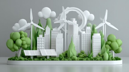 Renewable energy and sustainable urban development are exemplified by the inclusion of wind turbines and solar panels in a miniature cityscape