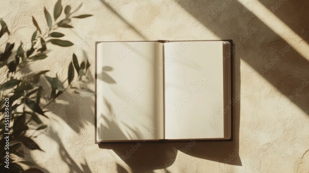 Poster open blank notebook with plant shadows on a textured surface.