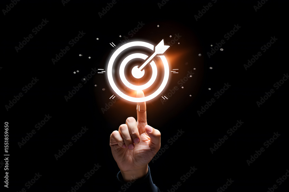 Poster focusing on goals a hand pointing to a glowing target with an arrow hitting the bullseye symbolizing