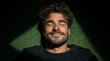 A young man is lying on the grass, his eyes closed, as he takes pleasure in the warmth of the sun and the serenity of the natural surroundings