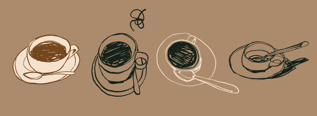 Naklejka na ściany i meble Black Coffee set. Cup, spoon, plate. Different views. Sketchy, quirky, grunge, artistic, doodle, trendy style. Aromatic, tasty coffee concept. Hand drawn Vector illustration. Isolated design elements