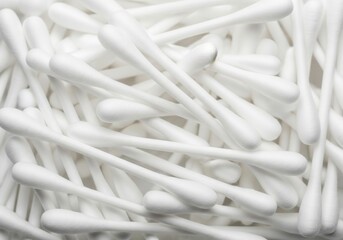 Hygienic White Cotton Swabs Collection. This detailed image features many pristine cleaning tools, symbolizing purity and essential daily self care routines.