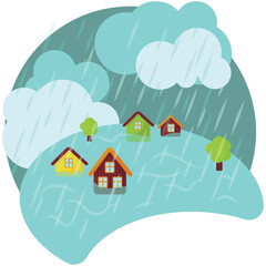 Flood disaster vector. House under pouring rain icon. Hurricane, storm or tsunami in city area scene. Big monsoon shower illustration isolated on white background