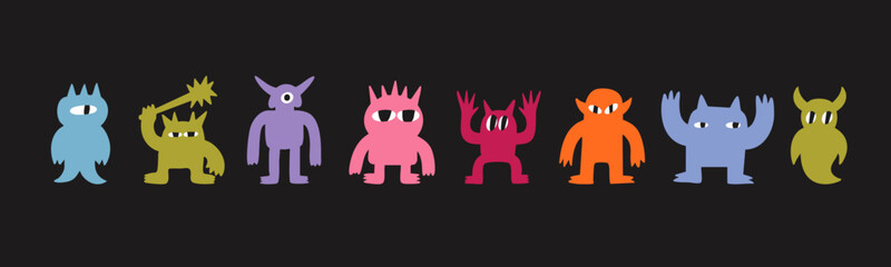 Abstract little colorful Monsters or fantastic animals. Various quirky funny creatures. Cartoon childish style. Cute characters. Hand drawn trendy Vector illustration. Isolated design elements