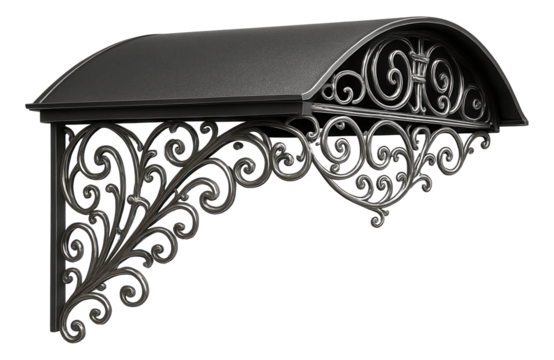 Steel window awning with an ornate, wrought-iron scrollwork for a Victorian-style residence.