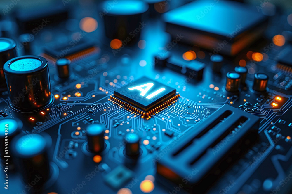Aufkleber glowing circuit board semiconductor microchip with ai text, digital technology background