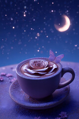 Cup of espresso coffee with a butterfly on starry night sky background. Hot drink and romance art concept. Fantasy illustration for poster, social media, design 