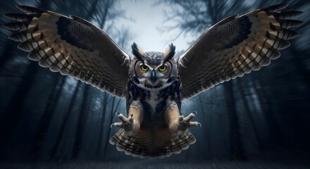 Owl charging toward the camera, Owl attack , angry Owl , Owl Flying