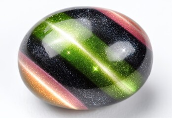 A fresh watermelon with water droplets on its surface is photographed in a studio with a blurred background
