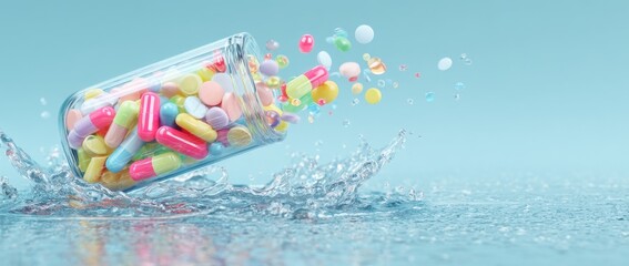 Effective drug delivery can be accomplished with dissolvable medicine capsules, which are often displayed as colorful capsules in a test tube with water droplets