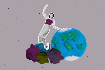 Contemporary artwork collage of happy guy girl stand earth protection crumpled paper pile rubbish...