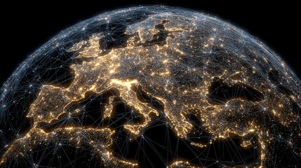 Western Europe's continent is emphasized on the dynamic digital world map as a crucial hub for AI-powered global network connectivity, enabling efficient big data transfer, innovative cyber