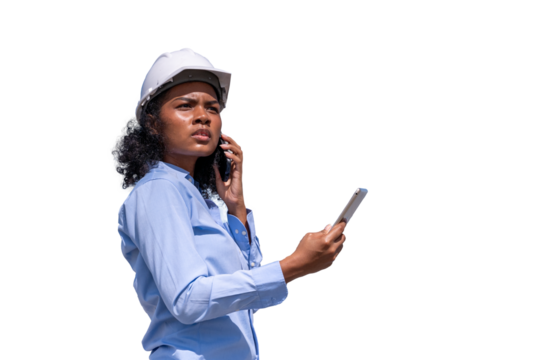 Engineers wearing safety gear, including hard hats examining survey standing industrial facility engaged in a job requires high safety standards concept with PNG white background.
