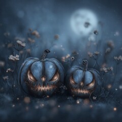 Softly glowing Halloween pumpkins are illuminated by the full moon, resulting in spooky shadows