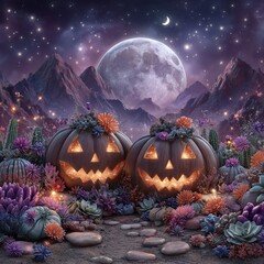 Glowing softly under the full moon, Halloween pumpkins cast spooky shadows