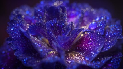 A close-up view of a blue flower speckled with water droplets, with a green plant in the foreground drawing attention to it