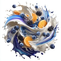 Creative 3D Mixed Media Art featuring Whimsical Buttermilk Splash with Fruits in High Contrast, set against a White Background