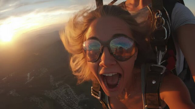 Woman Skydiving at Sunset with Windswept Hair and Reflected Sunglasses