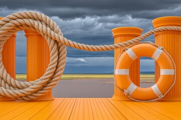 A harbor life preserver, which is an orange lifesaver ring, is mounted on a dock's pile with a yellow nylon rope