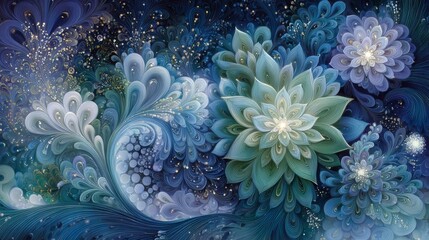 The name of the artwork is Abstract Biophilic Fluid Art Painting: Swirling Greens and Blues with Copy Space