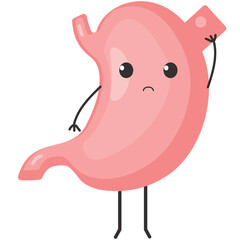 Stomach ache vector. Increased acidity indigestion, reflux or gastritis pain. Cartoon internal human digestive organ character with sad face illustration isolated on white background
